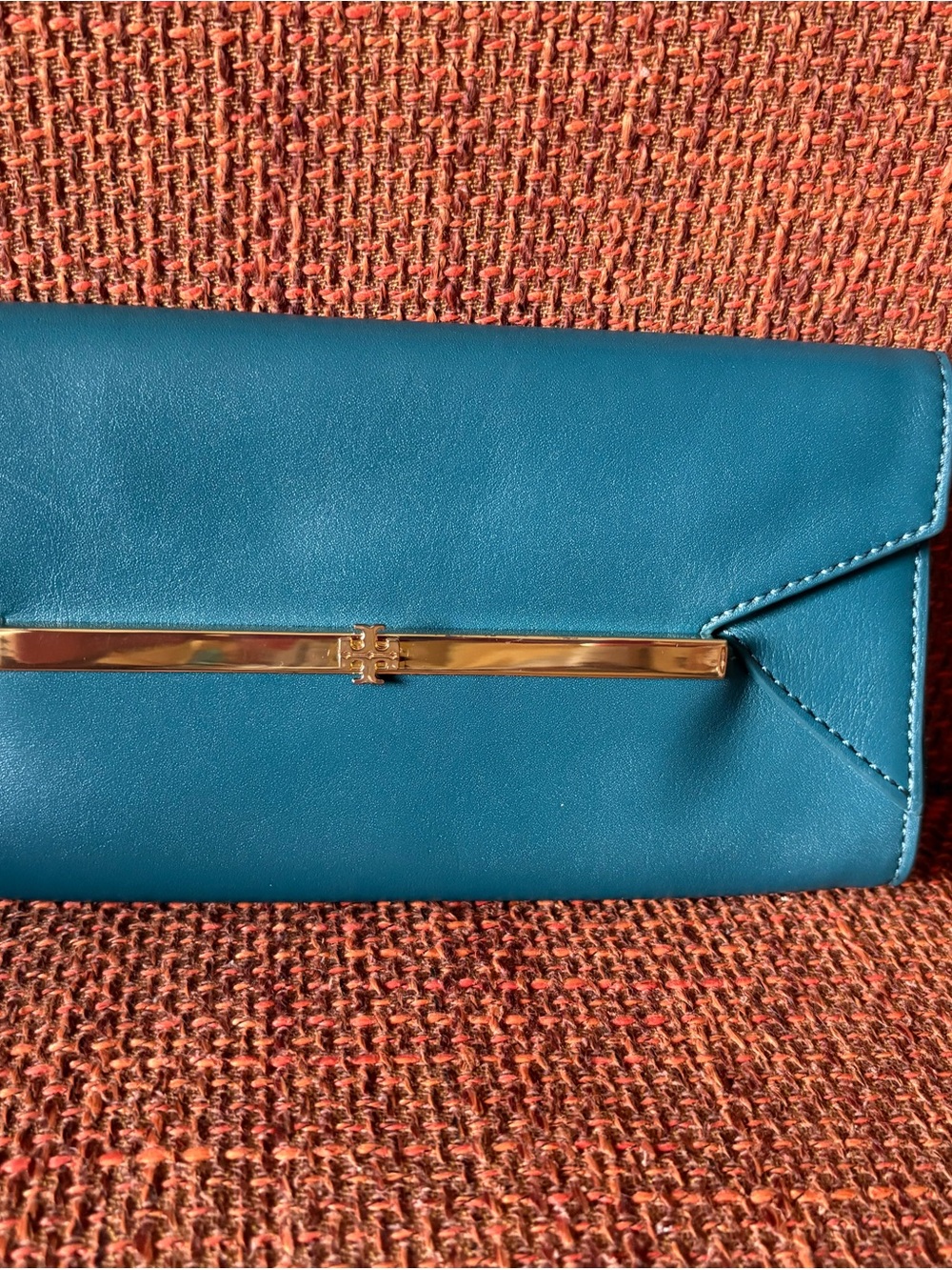 Tory Burch Teal Leather Envelope Clutch with Gold Bar Accent
